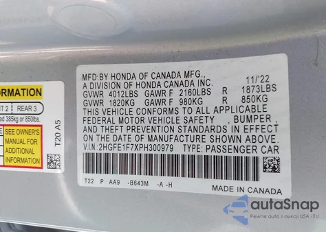 2023 Honda Civic Ex /Ex W/O Bsi z USA, uszkodzony, nr VIN 2HGFE1F7XPH300979